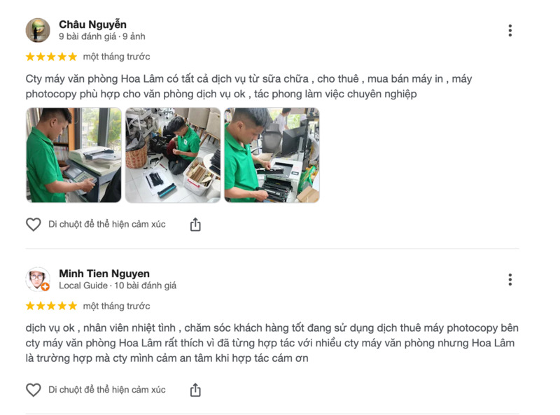 Phản hồi của khách hàng về chất lượng dịch vụ của Máy Văn Phòng Hoa Lâm