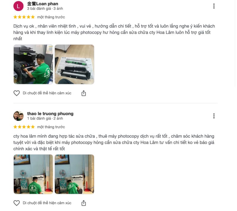 Phản hồi của khách hàng sau khi sử dụng dịch vụ tại Máy Văn Phòng Hoa Lâm